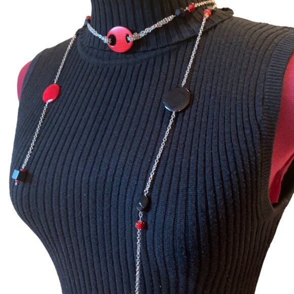 2x18$ 🦃 🍂HANDMADE - Red & Black Beads chains necklace - Collar + 2 drop chains - Picture 2 of 7